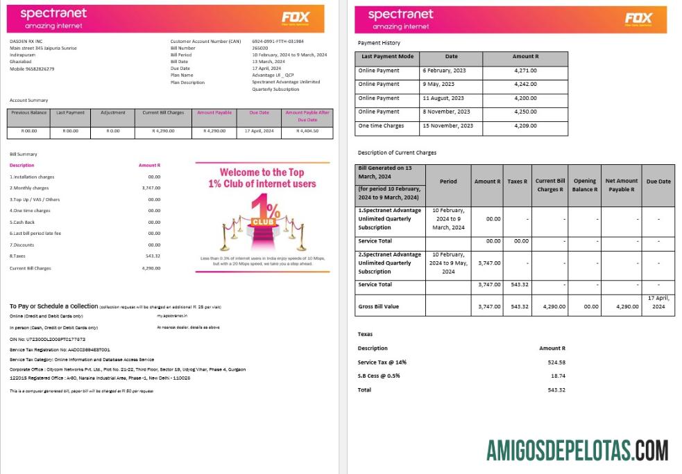 Nigéria Spectranet Incrível Internet Internet Business Utility Bill Formatos Word e PDF 1 2 páginas exemplo